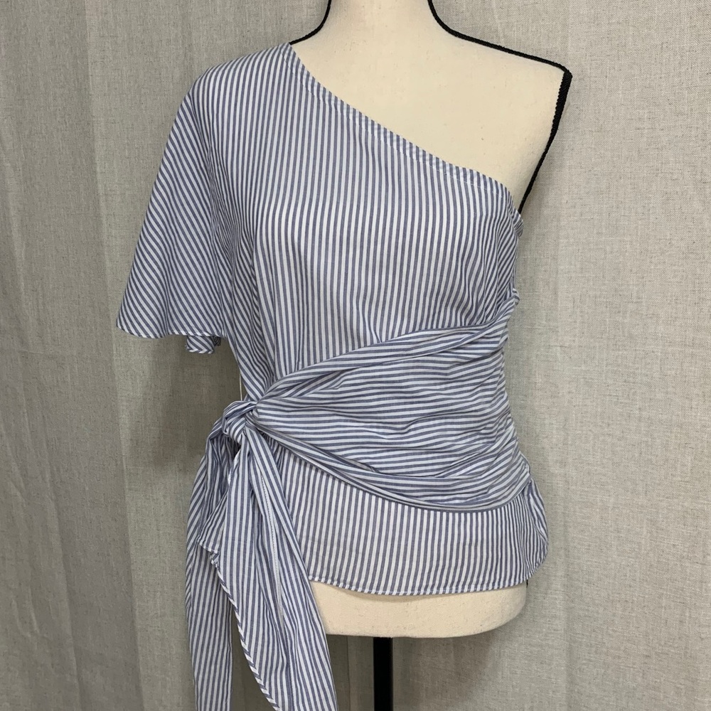 1. STATE One Shoulder Striped Tie Wrap Top